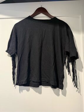 Black Short Sleeve Fringe Tee - Women